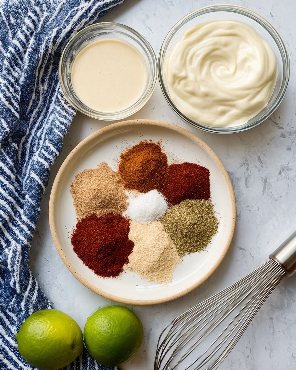 The image shows a white plate with seven different piles of dry spices arranged in a circular pattern, each pile a different earthy color including brown, red, beige, and greenish hues. Above the plate to the right is a clear glass bowl filled with smooth white creamy sauce, and to the left is another clear glass bowl containing a lighter beige creamy sauce. Two green limes sit on the white marbled textured surface to the lower left of the plate. A blue and white striped cloth is folded and placed in the top left corner. A metal whisk is partially visible on the far right edge on the white marbled surface. Photo taken with an iphone --ar 4:5 --v 7