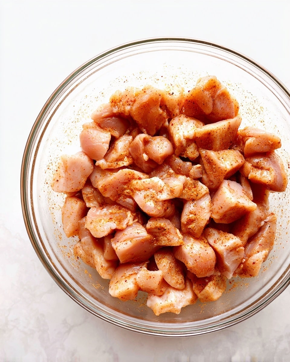 Inside a clear glass bowl, there are many pieces of raw chicken cut into bite-size chunks. The chicken pieces are pale pink with a light coating of reddish-brown spices, giving them a slightly shiny and smooth texture. The bowl is placed on a white marbled surface that brightens the image. The chicken pieces fill the bowl almost fully, showing a mix of square and irregular shapes. photo taken with an iphone --ar 4:5 --v 7