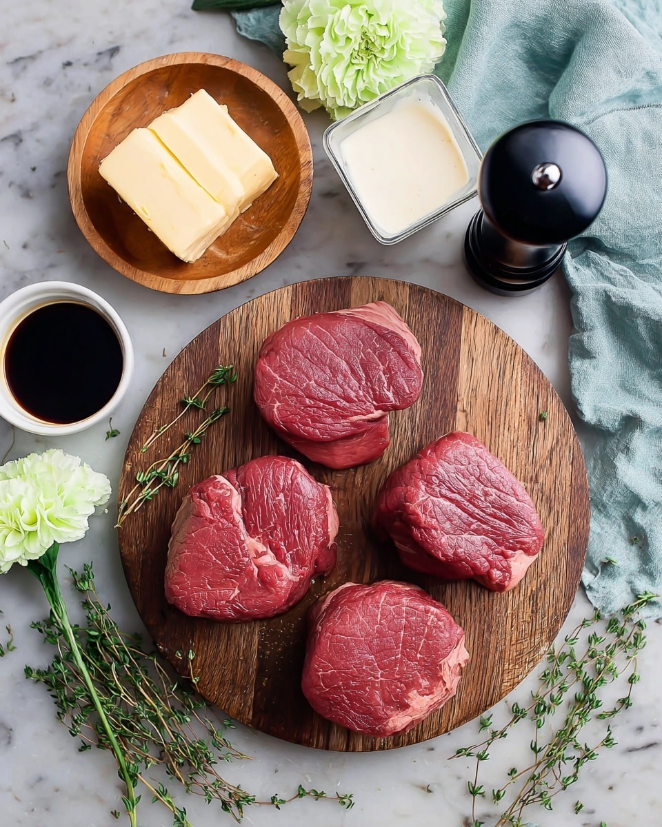 A round wooden cutting board on a white marbled surface holds five raw beef steaks, each with a deep red color and white marbling, placed in a rough circle. Above the steaks, there's a small wooden bowl with a few thick slices of pale yellow butter. To the left of the steaks, there is a small white bowl filled with dark soy sauce. Above the soy sauce, a square white glass cup is filled with a light cream-colored liquid. A black pepper grinder lies horizontally to the right of the cup. Part of a light blue cloth and a green carnation flower with ruffled petals are at the top right corner. Fresh green thyme sprigs rest along the right side of the cutting board. Photo taken with an iphone --ar 4:5 --v 7
