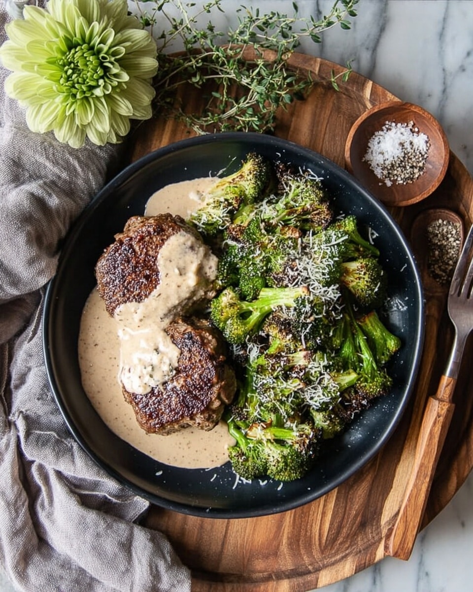A black round plate sits on a wooden board over a white marbled surface, filled with two pieces of browned meat topped with a creamy light beige sauce that spreads slightly on the plate. Next to the meat, there is a heap of roasted green broccoli florets sprinkled with white grated cheese, showing some charred spots. A gray cloth and a decorative green flower are placed nearby with wooden spoons holding salt and pepper close to the plate. Photo taken with an iphone --ar 4:5 --v 7