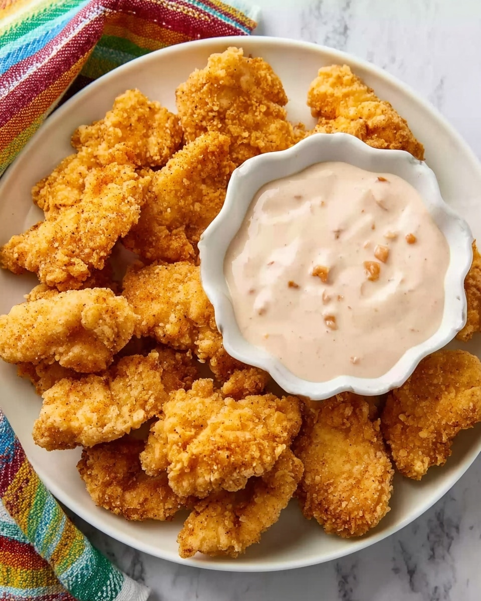 The image shows a white plate filled with golden-brown, crispy fried chicken pieces arranged around a small white scalloped bowl full of a creamy light pink dipping sauce with small visible chunks. The fried chicken pieces vary in size and have a crunchy texture with a rough coating. The plate is sitting on a white marbled surface and there is a colorful striped cloth next to it. Photo taken with an iphone --ar 4:5 --v 7