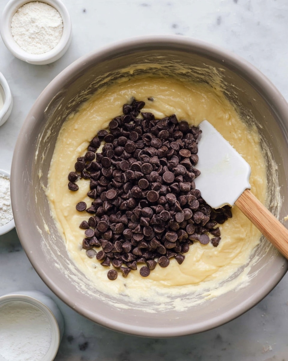 A gray mixing bowl contains a creamy, light yellow batter with a smooth texture. On top of the batter, there is a large pile of small, dark brown chocolate chips clustered mostly in the center. A white spatula with a wooden handle rests inside the bowl, its edge touching the batter near the chocolate chips. Surrounding the bowl are small white containers with white substances, all placed against a white marbled surface. Photo taken with an iphone --ar 4:5 --v 7