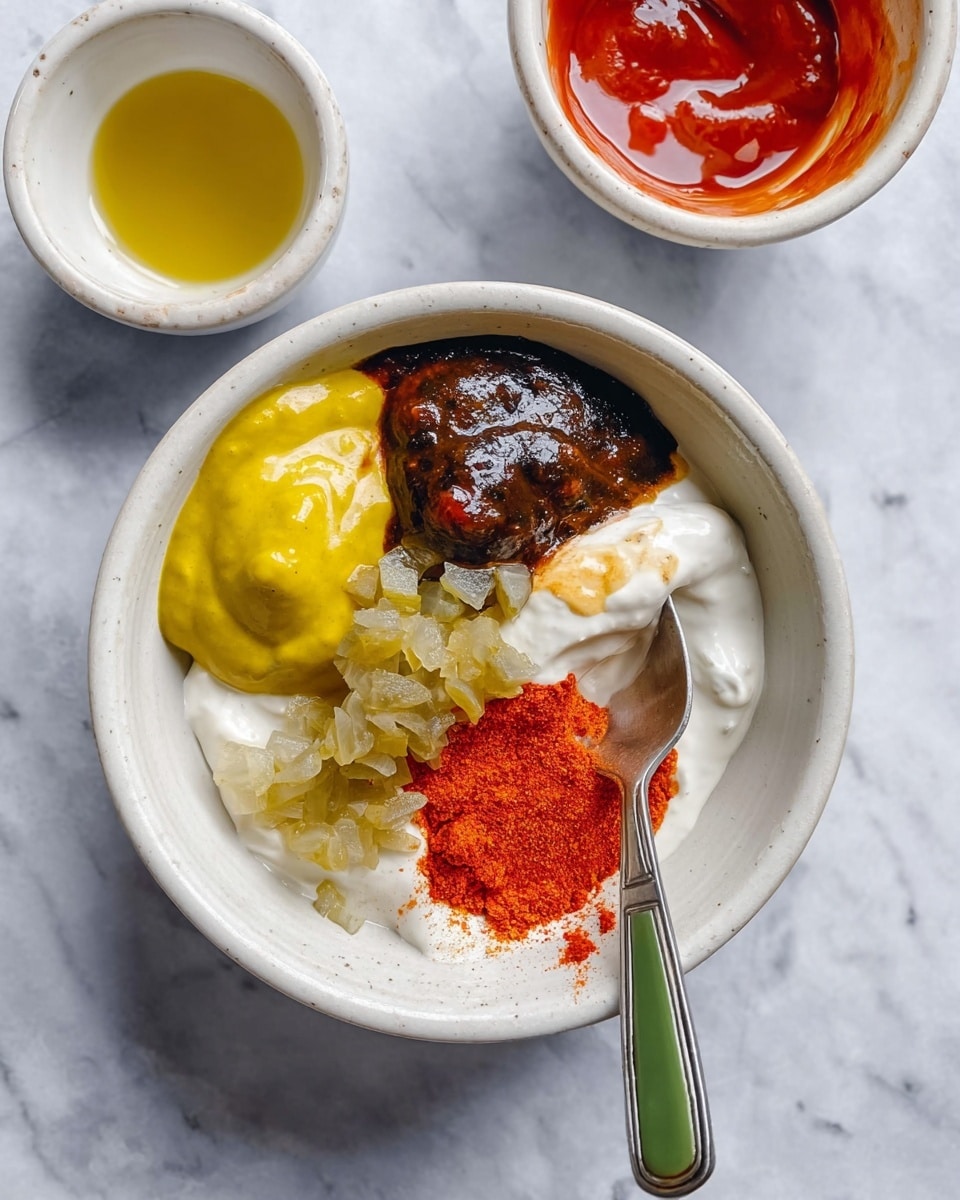 A white bowl holds five different condiments placed side by side without mixing: bright yellow mustard at the top left, dark brown sauce with a glossy texture above the center, creamy white sauce forming the base on the right half, a small pile of finely chopped translucent pickles in the middle, and a vivid red-orange powder on the lower right side. A small silver spoon with a green handle rests inside the bowl on the right side, partially touching the white sauce. The bowl is set on a white marbled surface, with two small white bowls visible in the upper right corner, one filled with a thick red sauce and the other with a yellowish liquid. Photo taken with an iphone --ar 4:5 --v 7