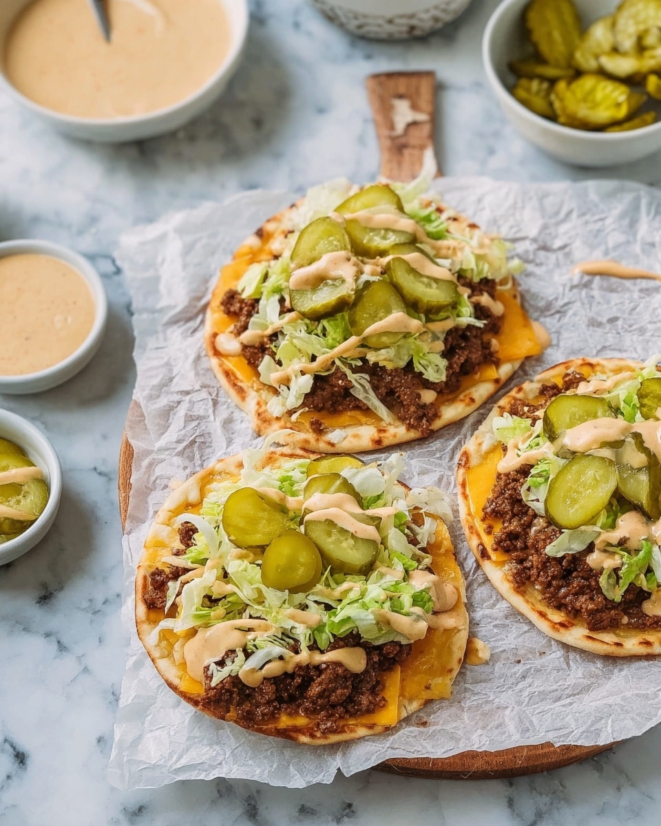 The image shows three small flatbreads placed on crumpled white paper over a wooden board, each topped with a layer of cooked ground meat that is dark brown, followed by bright orange melted cheese slices, then a layer of light green shredded lettuce, and topped with several crinkled green pickle slices. A creamy light tan sauce is drizzled over each flatbread. Around the board, there are small white bowls with sauces and pickles, all set on a white marbled surface. Photo taken with an iphone --ar 4:5 --v 7