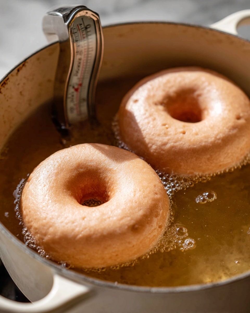 Two light brown doughnuts are frying in bubbling golden oil inside a white pot with a slightly worn edge and handle. A metal thermometer is clipped to the pot’s side, measuring the oil’s temperature. The doughnuts show a smooth texture with some small bubbles on the surface. The focus is close, highlighting the frying process in warm kitchen light on a white marbled surface photo taken with an iphone --ar 4:5 --v 7