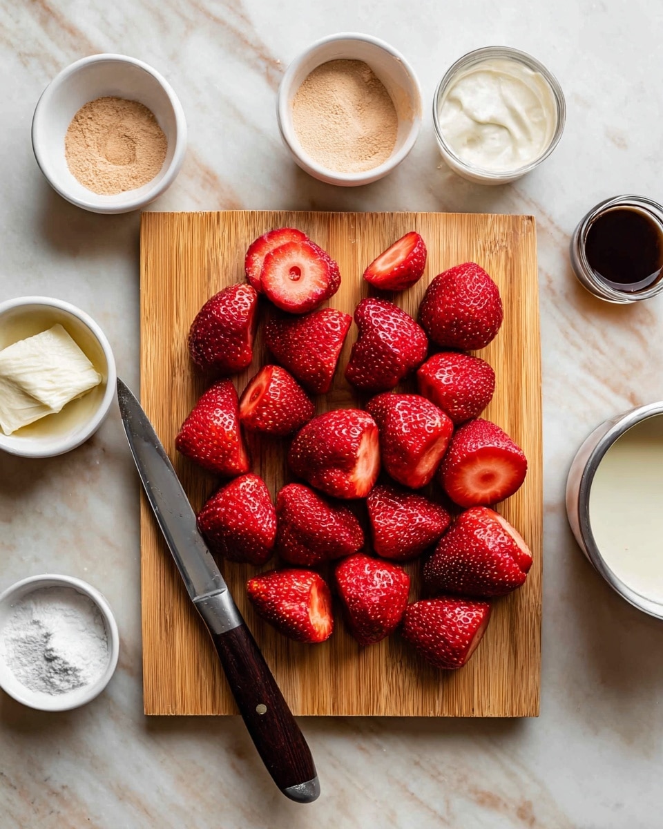 A wooden cutting board holds about 20 bright red strawberries with their centers hollowed out, showing the light pink inside of the fruit. Below the board is a shiny knife with a dark handle. Surrounding the board are several white bowls, each holding different ingredients: one with a light tan powder, another with a smooth white liquid, a third with a thick cream, a fourth with a white powder, and a small bowl with a dark liquid. All items are placed on a white marbled surface. Photo taken with an iphone --ar 4:5 --v 7