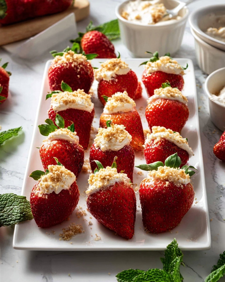 A white rectangular plate holds three neat rows of large strawberries, each carefully filled with white cream topped with a light golden crumbly layer. The strawberries are bright red with visible seeds and green leaves mostly removed. Around the plate, extra fresh strawberries, green mint leaves, and small white bowls with cream and crumbs sit on a white marbled surface, adding a fresh and clean feel to the scene. The light highlights the creamy texture inside the strawberries and the crunchy crumbs on top. photo taken with an iphone --ar 4:5 --v 7
