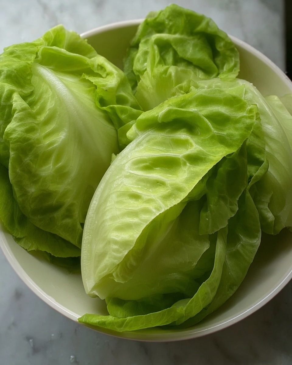 The image shows a close-up of several large, fresh lettuce leaves placed inside a white bowl. The leaves are light green with a soft, slightly translucent texture and visible veins. They are layered loosely, with some leaves overlapping each other, creating a full and voluminous appearance. The bowl sits on a white marbled surface. Photo taken with an iphone --ar 4:5 --v 7