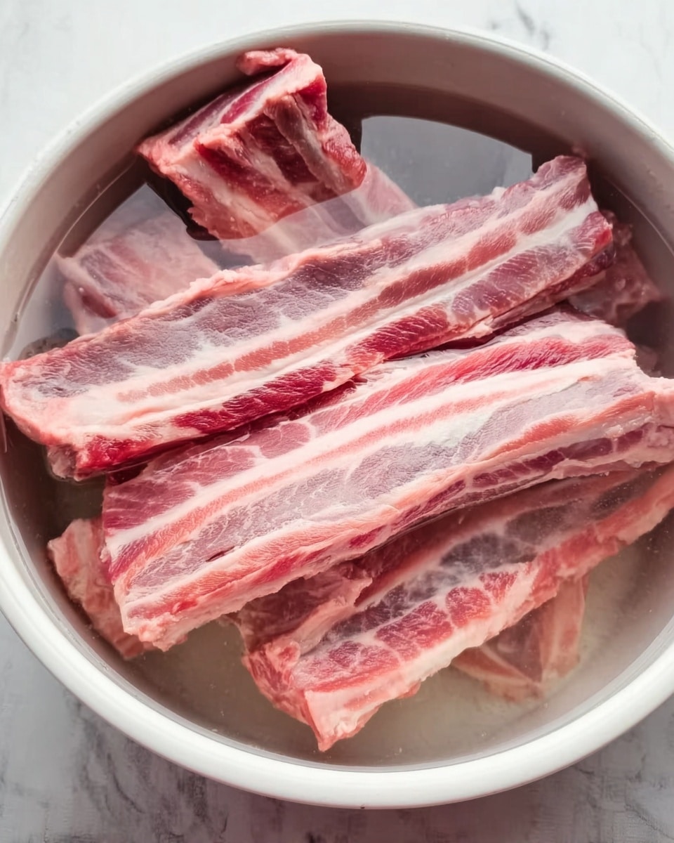 The image shows several raw ribs submerged in clear water inside a white bowl. The ribs have layers of pink meat and white fat, arranged close to each other, filling most of the bowl. The background is a white marbled texture. Photo taken with an iphone --ar 4:5 --v 7