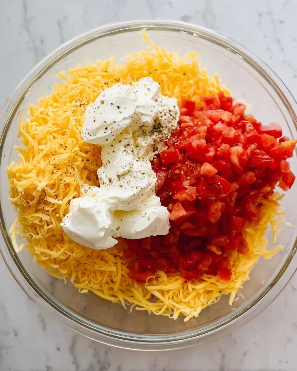A clear glass bowl sits on a white marbled surface, filled with several layers of ingredients. At the bottom and left side, there is a thick layer of bright yellow shredded cheese with a slightly soft texture, sprinkled with black pepper. On the right side, a mound of finely chopped red tomatoes adds a pop of color. On top of the cheese and near the tomatoes, there are dollops of smooth white cream cheese or sour cream. The mixture is unmixed, showing distinct layers and colors. Photo taken with an iphone --ar 4:5 --v 7