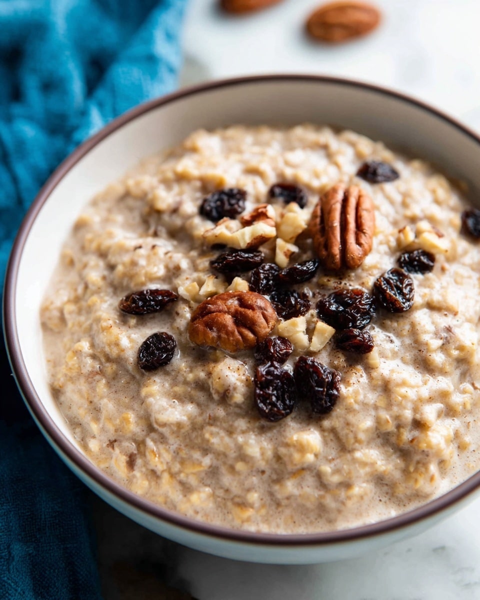 A close-up image of a thick bowl of oatmeal with a creamy light brown color. The oatmeal has a rough, grainy texture and is topped with scattered dark raisins and pieces of light brown pecans. The oatmeal fills a white bowl that shows a thin dark rim near the top edge. The bowl sits on a white marbled surface with a blue cloth blurred in the background. Photo taken with an iphone --ar 4:5 --v 7