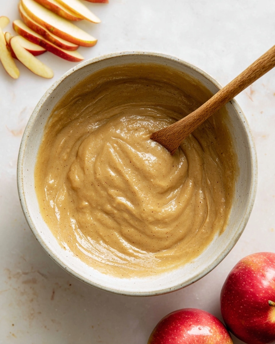 A close-up view of a light brown, smooth and thick batter inside a white ceramic bowl with a wooden spoon resting in it. The batter shows swirls and subtle specks, indicating a spiced or flavored mix. At the top left corner, there are fruit peelings, likely from apples or similar fruits, placed on a white marbled surface. At the bottom right, three shiny red apples are partly visible. The overall setting is bright with soft natural light. Photo taken with an iphone --ar 4:5 --v 7