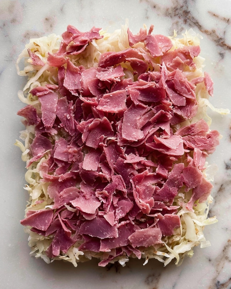 The dish shows two main layers on a white marbled surface: the bottom layer is light in color with thin, soft strands that look like shredded cabbage or sauerkraut, with a slightly wet and textured appearance; the top layer is made up of many uneven pieces of thinly torn, dark pink meat evenly spread over the bottom, adding a rough and irregular texture. photo taken with an iphone --ar 4:5 --v 7