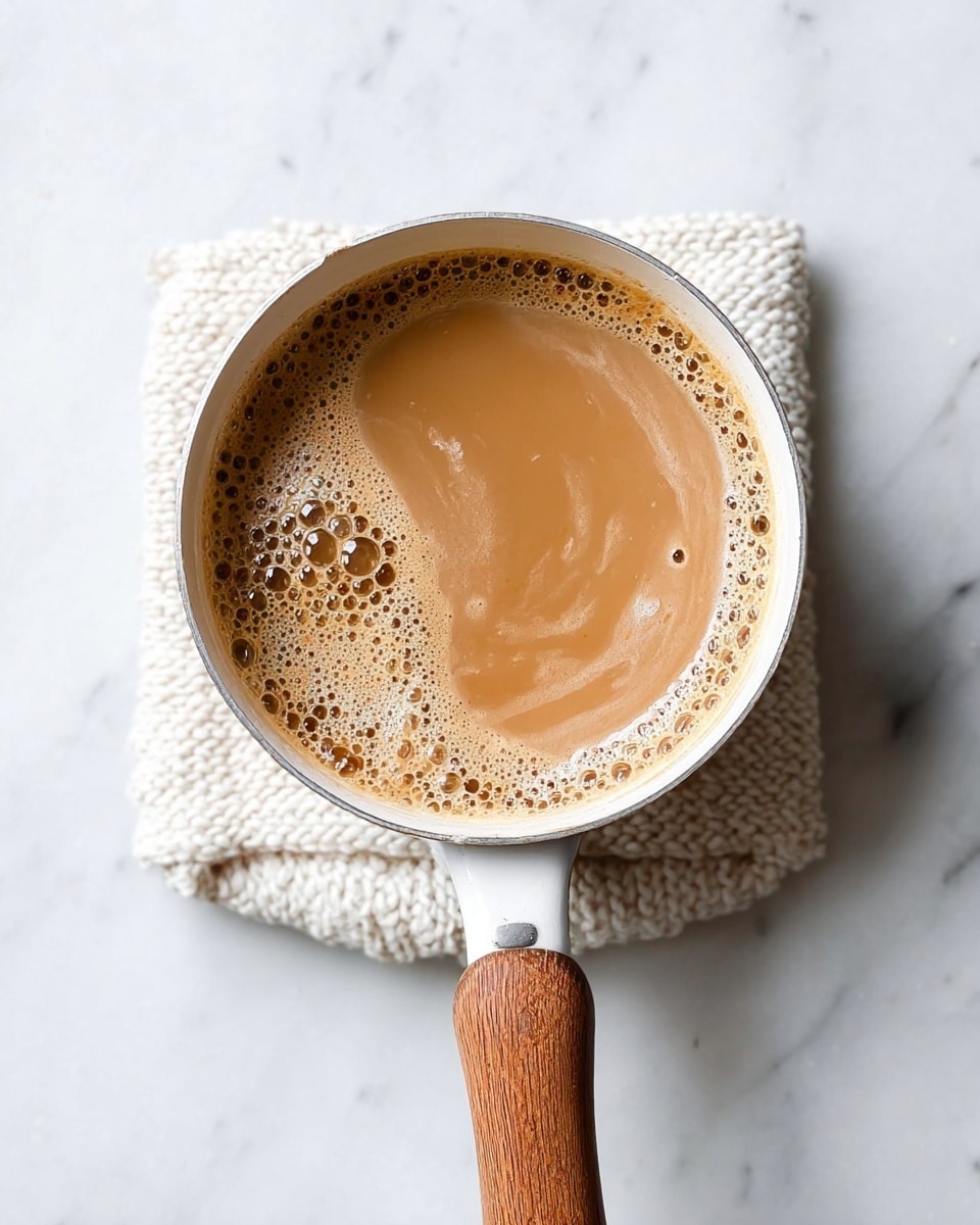 A small white pan with a wooden handle holds a frothy light brown liquid that fills almost the entire pan surface. The liquid has some bubbles clustered on the left edge and a smooth creamy texture with lighter swirls on the top. The pan rests on a knit white square pad placed on a white marbled surface. The image is shot from above, showing the top view of the pan and liquid, with soft natural lighting highlighting the texture and warmth of the drink. Photo taken with an iphone --ar 4:5 --v 7