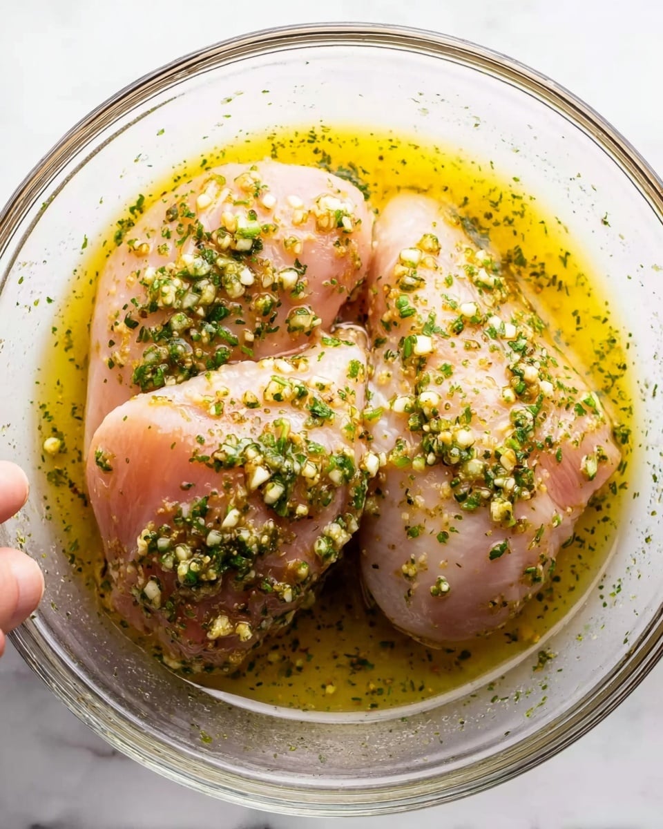 The image shows two raw chicken pieces in a clear glass bowl. The chicken is covered with a marinade made of oil, small bits of garlic, and green herbs spread evenly on top and around the meat. The bowl sits on a white marbled surface, and a woman's hand is seen at the edge of the bowl, slightly touching the chicken. The overall look is fresh and shiny with a natural color blend of pale pink chicken, yellow oil, and green herbs. photo taken with an iphone --ar 4:5 --v 7