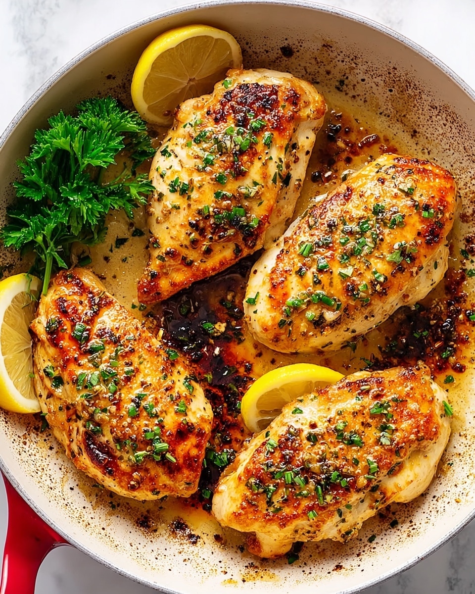 Four golden brown cooked chicken pieces rest evenly spaced in a round white pan with a light brown interior showing caramelized bits and some dark seasoning spots. Each chicken piece is sprinkled with finely chopped green herbs. Two lemon slices are placed on the left side of the pan, next to a small bunch of parsley. The colors are warm, with the chicken showing a mix of light golden, brown, and white textures, while the herbs provide a fresh green contrast, all set against a white marbled background. photo taken with an iphone --ar 4:5 --v 7