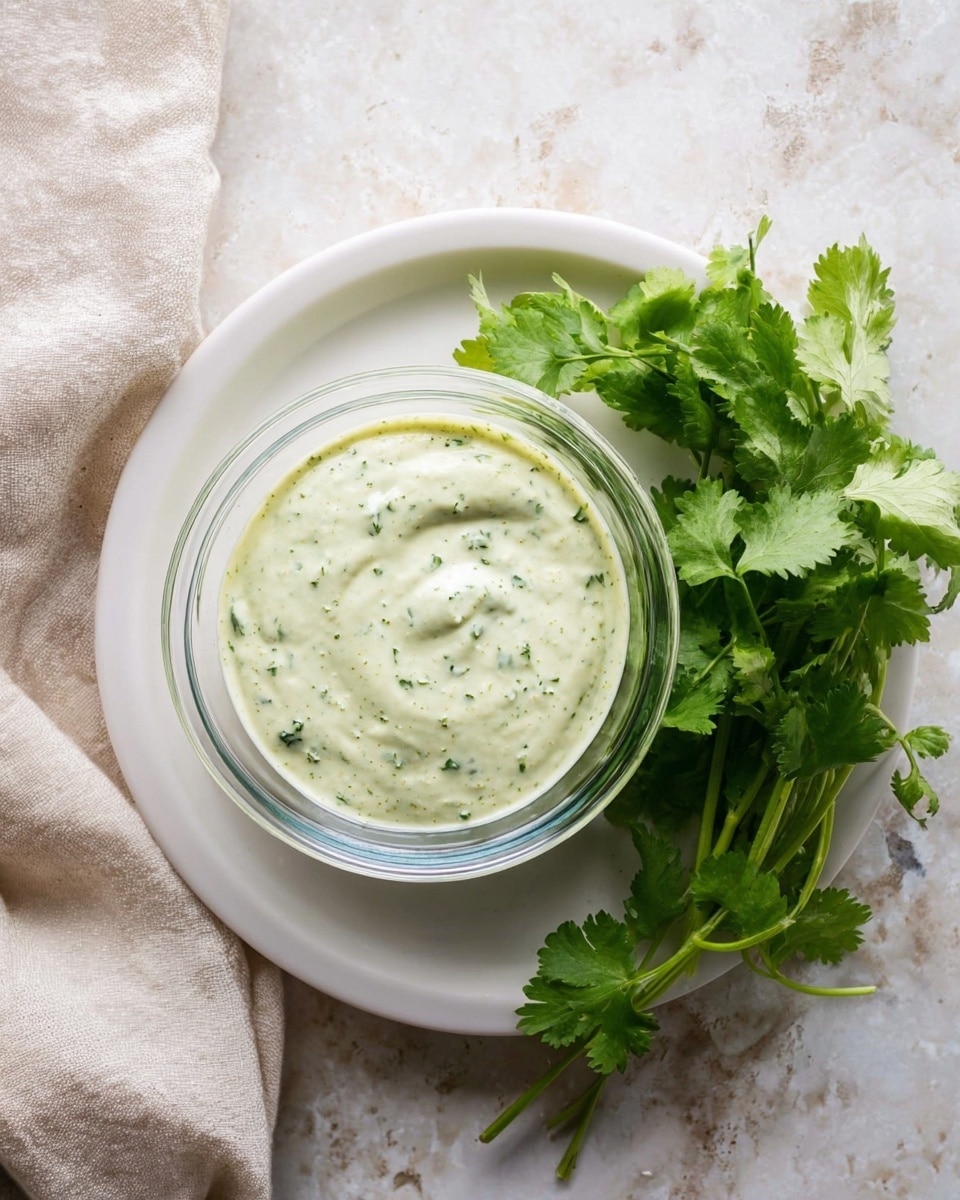 A clear glass bowl filled with a creamy light green sauce speckled with small green herb bits sits in the center of a white plate. To the right of the bowl, there is a bunch of fresh green cilantro with leaves and stems spread loosely. The plate is placed on a white marbled textured surface, and a light beige cloth is folded and placed near the top left corner of the image. The sauce in the bowl has a smooth and thick texture and is slightly swirled on top photo taken with an iphone --ar 4:5 --v 7