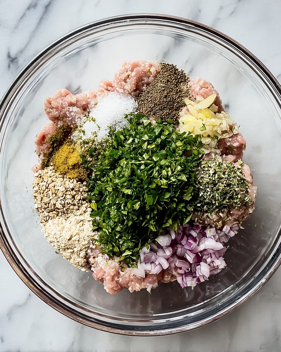 A clear glass bowl is placed on a white marbled surface, filled with different layers for mixing. The bottom layer shows light pink minced meat spread mostly around the edges. On top in the middle, there is a thick scattered layer of bright green chopped herbs. Around the herb layer are several small piles of spices in varied colors: white salt, yellowish brown, dark brown, and beige oat-like seeds. There are also small chunks of pale yellow ginger and purple finely chopped onions visible around the edges, scattered among the meat. The bowl's clear glass shows the texture of the ingredients well, and the overall color palette is fresh and natural. Photo taken with an iphone --ar 4:5 --v 7