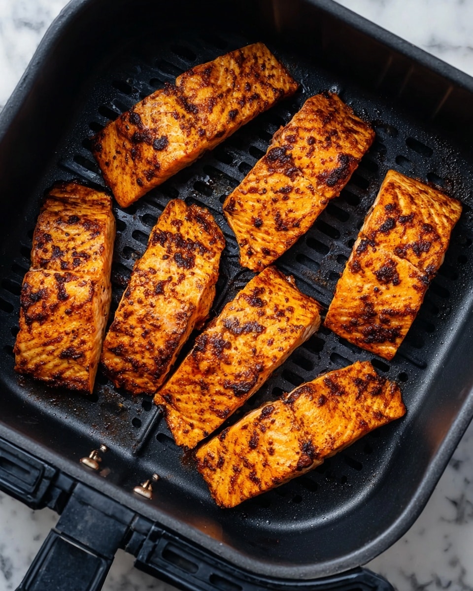 The image shows six pieces of grilled salmon fillets inside a black air fryer basket. Each fillet is thick with a deep orange color coated with dark brown grill marks and seasoning spots. The salmon pieces are arranged spread out, touching the ridged surface of the basket. The texture on the fish looks slightly rough with some charred edges, and the lighting highlights the shine and cooked details well. The background surface is a white marbled texture. photo taken with an iphone --ar 4:5 --v 7