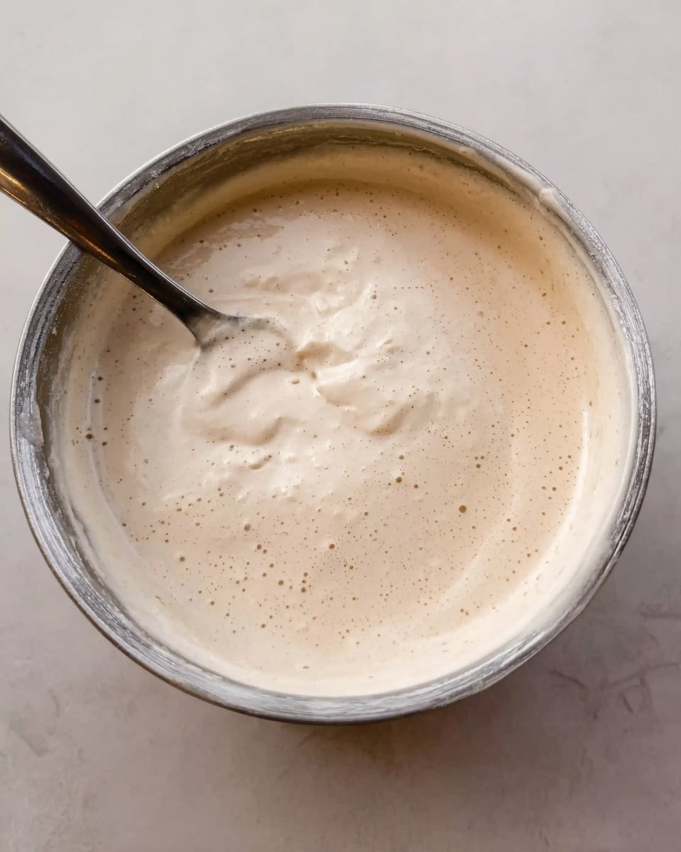 The image shows a close-up of a metal bowl filled with a light beige foamy mixture that looks smooth and creamy. A metal spoon is placed inside the bowl, partially submerged in the mixture, creating soft peaks and small bubbles on the surface. The bowl is set on a white marbled background, and the texture of the foam is fluffy with some tiny air pockets visible. Photo taken with an iphone --ar 4:5 --v 7