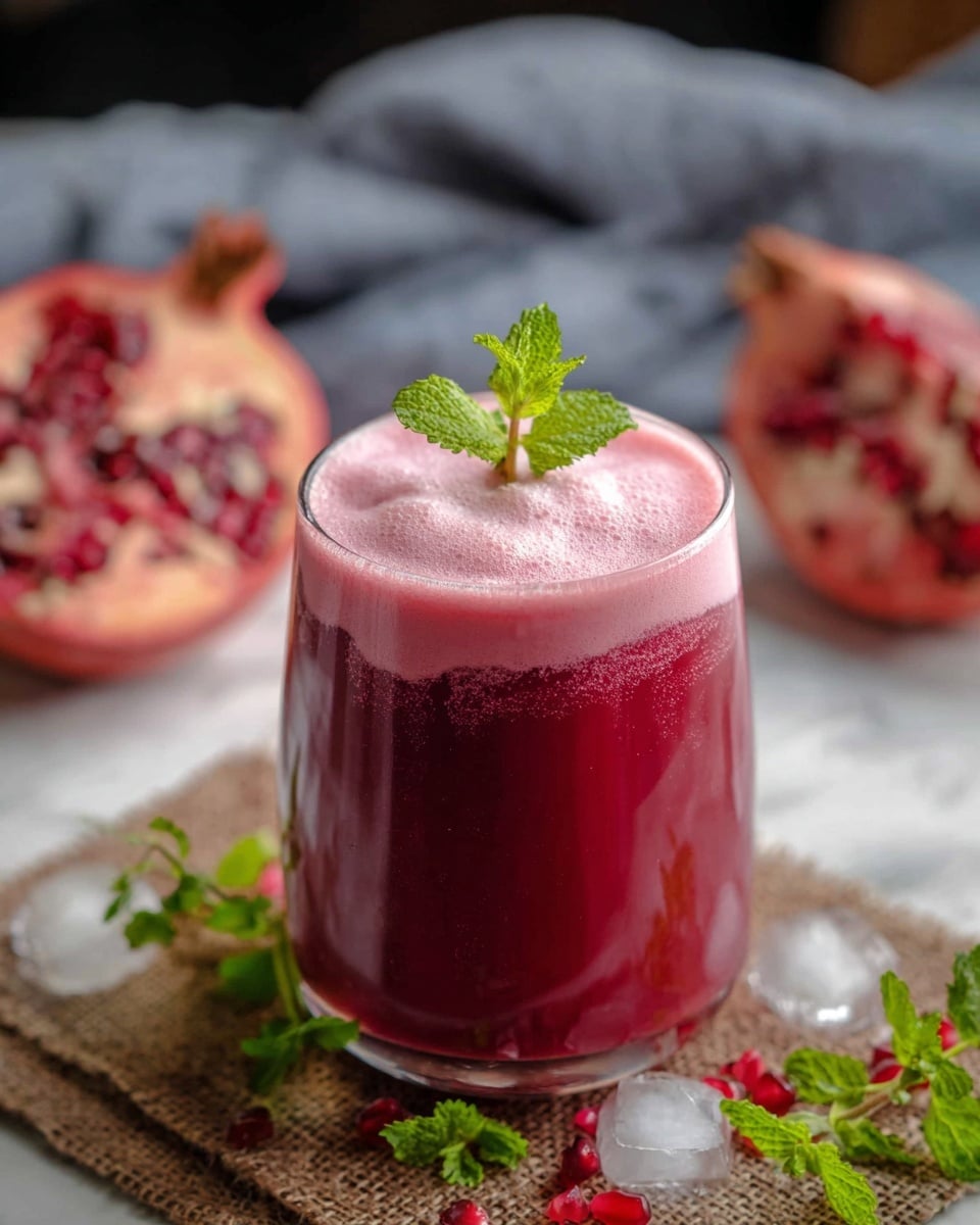 A glass filled with a deep pinkish-red juice with a thick frothy layer of lighter pink foam on top, garnished with a small sprig of bright green mint leaves standing upright. The glass is placed on a brown textured mat with scattered green mint leaves and a few loose red pomegranate seeds around, along with some ice cubes that are partly melted. In the blurred background, there are half-cut pomegranates showing their red seeds and a grey cloth, all set on a white marbled surface. Photo taken with an iphone --ar 4:5 --v 7