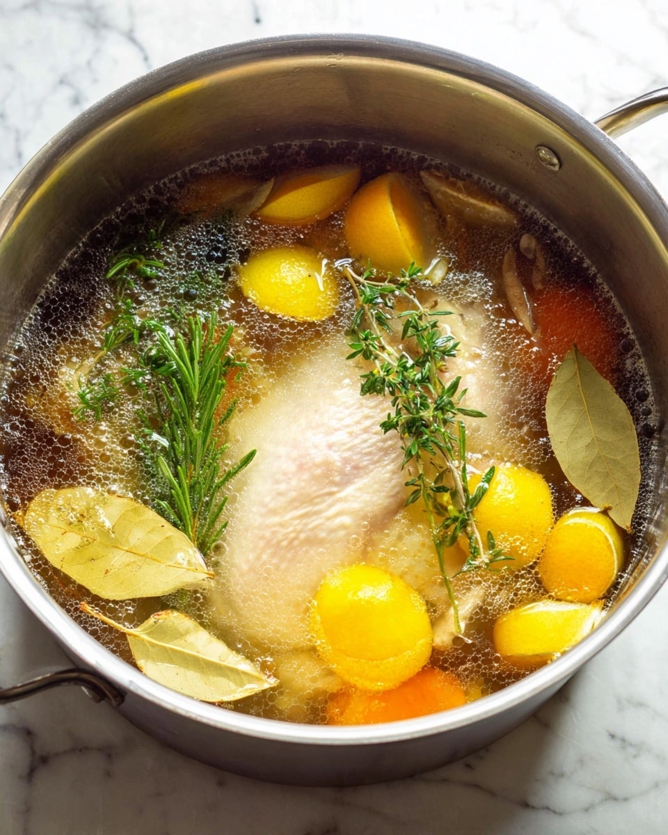A large silver pot filled with clear broth containing a whole pale chicken submerged in the center. Around the chicken, there are bright orange and yellow citrus peels floating on the surface along with fresh green rosemary sprigs and several light brown bay leaves scattered throughout the liquid. Tiny bubbles and small bits of foam float on top of the broth. The pot sits on a white marbled surface. photo taken with an iphone --ar 4:5 --v 7