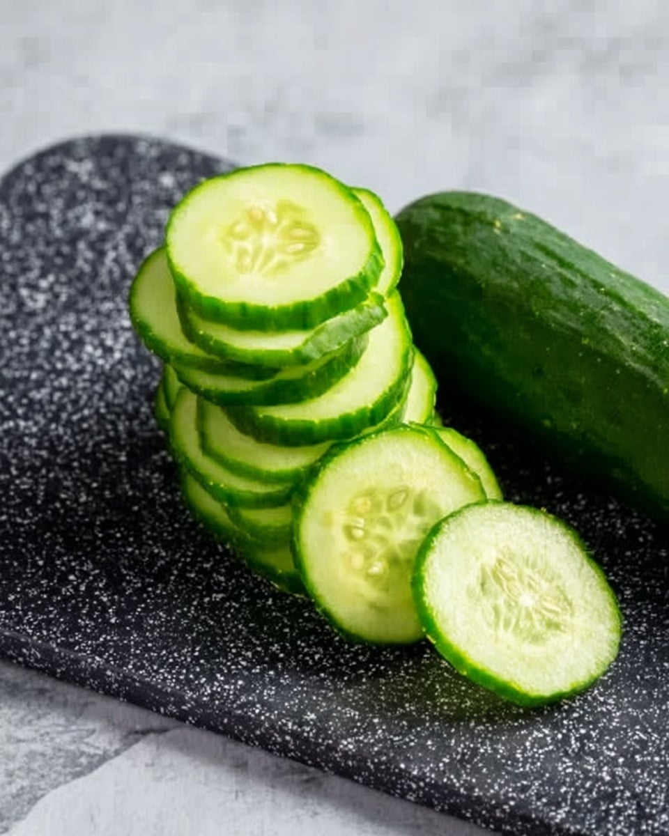 A stack of bright green cucumber slices is neatly placed in the center of a dark speckled chopping board with white flecks; the cucumber is fresh with a smooth green skin and pale green seeds visible in each round slice. On the right side, the rest of the cucumber sits whole, showing its deep green skin and pale inner flesh. The scene is set on a white marbled surface. photo taken with an iphone --ar 4:5 --v 7