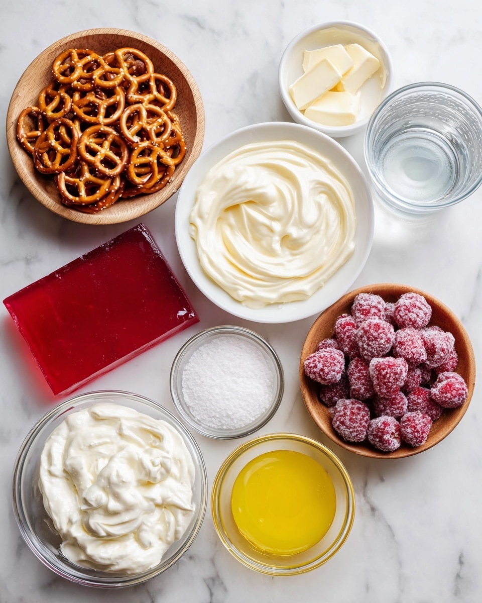 The image shows several ingredients placed on a white marbled surface. There is a wooden bowl filled with small, golden-brown pretzels on the top left. Next to it, a white bowl contains smooth, creamy white cheese spread with swirled textures. Below that, a clear glass bowl holds whipped cream with soft, fluffy peaks. To the right, a wooden bowl is filled with bright red frozen raspberries, covered lightly with frost. In the center, a small glass bowl holds melted yellow butter with a shiny surface. Below these, a white bowl is full of fine white sugar. Beside it, a shiny, red gelatin block with smooth rounded edges rests next to a bright yellow lemon. A clear glass jar of water stands on the upper right corner of the image. All items are arranged neatly on the white marbled background, creating a clean and fresh look. photo taken with an iphone --ar 4:5 --v 7