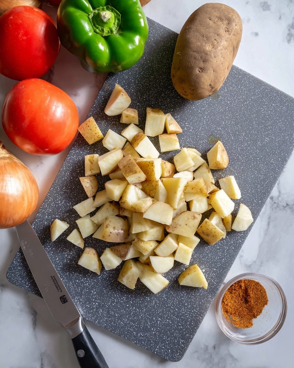A gray cutting board with small white speckles is placed on a white marbled surface. On the board, there are many small pieces of chopped potato with light brown skin and pale yellow inside scattered around. A large knife with a silver blade and a black handle rests on the board next to a whole potato. Surrounding the board are whole vegetables including a green bell pepper, a red tomato, a yellow onion, and more potatoes. A small clear bowl filled with orange-brown seasoning is also visible on the white marbled surface near the cutting board. photo taken with an iphone --ar 4:5 --v 7