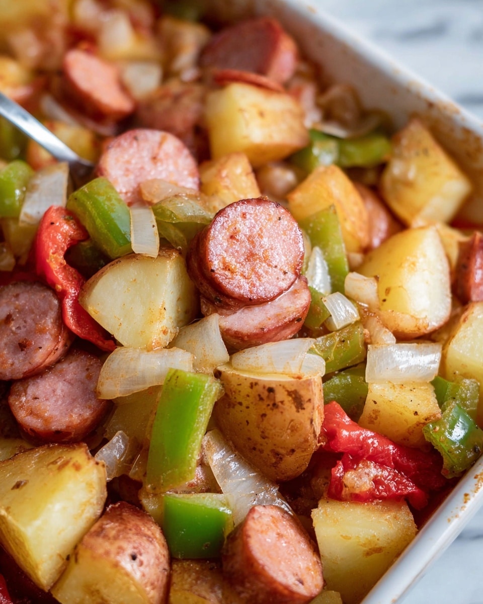 The image shows a close-up of a dish with several layers of food. The bottom layer features chunky potato pieces with brown skin and a golden cooked surface, giving a rough texture. On top of the potatoes, there are slices of sausage, which are circular and have a pinkish color with a smooth texture. Mixed in with these are diced green bell peppers that add a fresh green color and diced white onions that look translucent and soft. There are also small pieces of red tomato or red pepper scattered throughout, adding pops of red color. All the ingredients appear moist and lightly coated with a thin sauce, sitting on a white marbled surface. photo taken with an iphone --ar 4:5 --v 7
