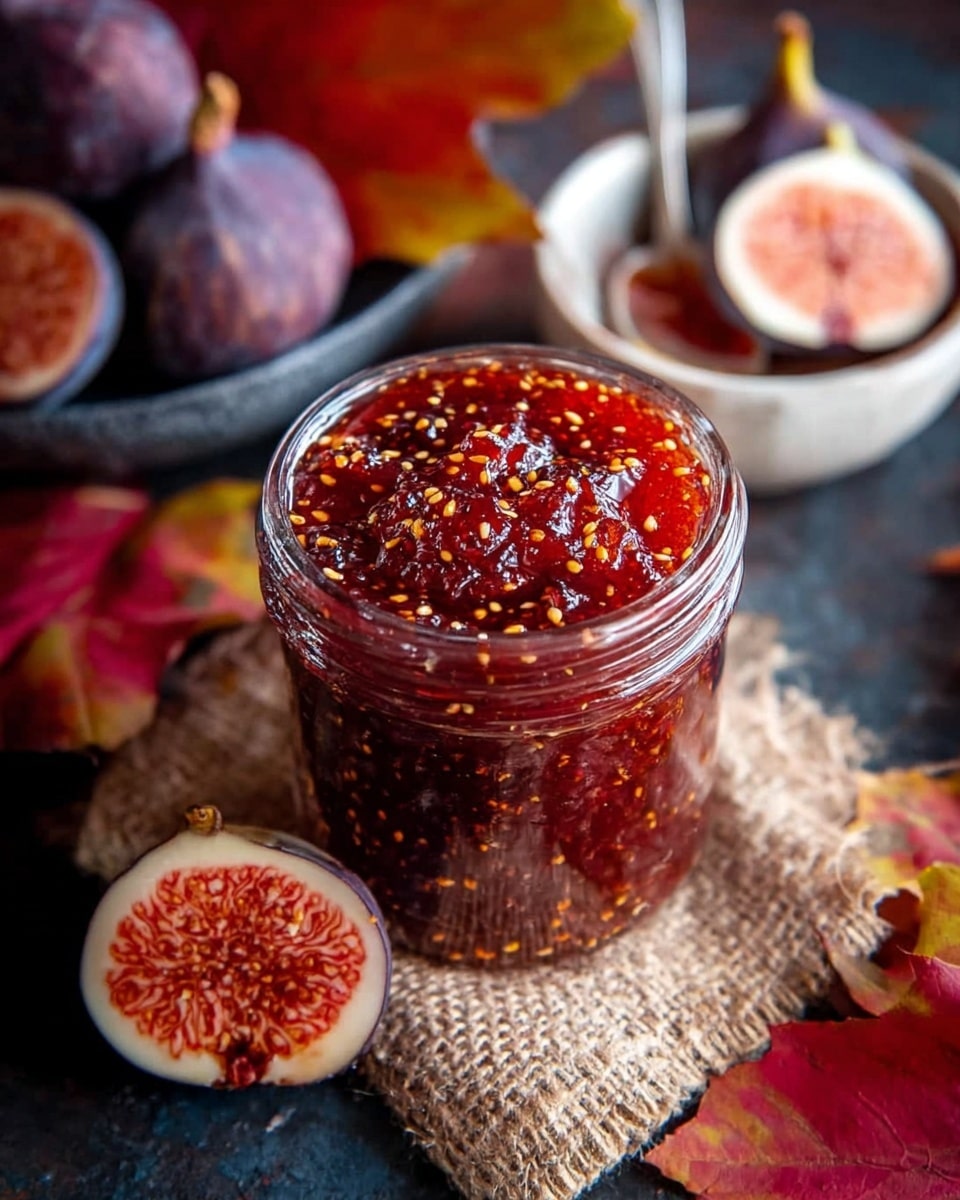 A clear glass jar filled with a thick, dark red jam speckled with small yellow seeds on top, sitting on a rough burlap cloth. Behind, halves of fresh purple figs with bright red interiors lie slightly out of focus, and a white bowl holds more of the jam with a silver spoon inside. The entire setup rests on a dark surface with autumn red and yellow leaves scattered around. Photo taken with an iphone --ar 4:5 --v 7