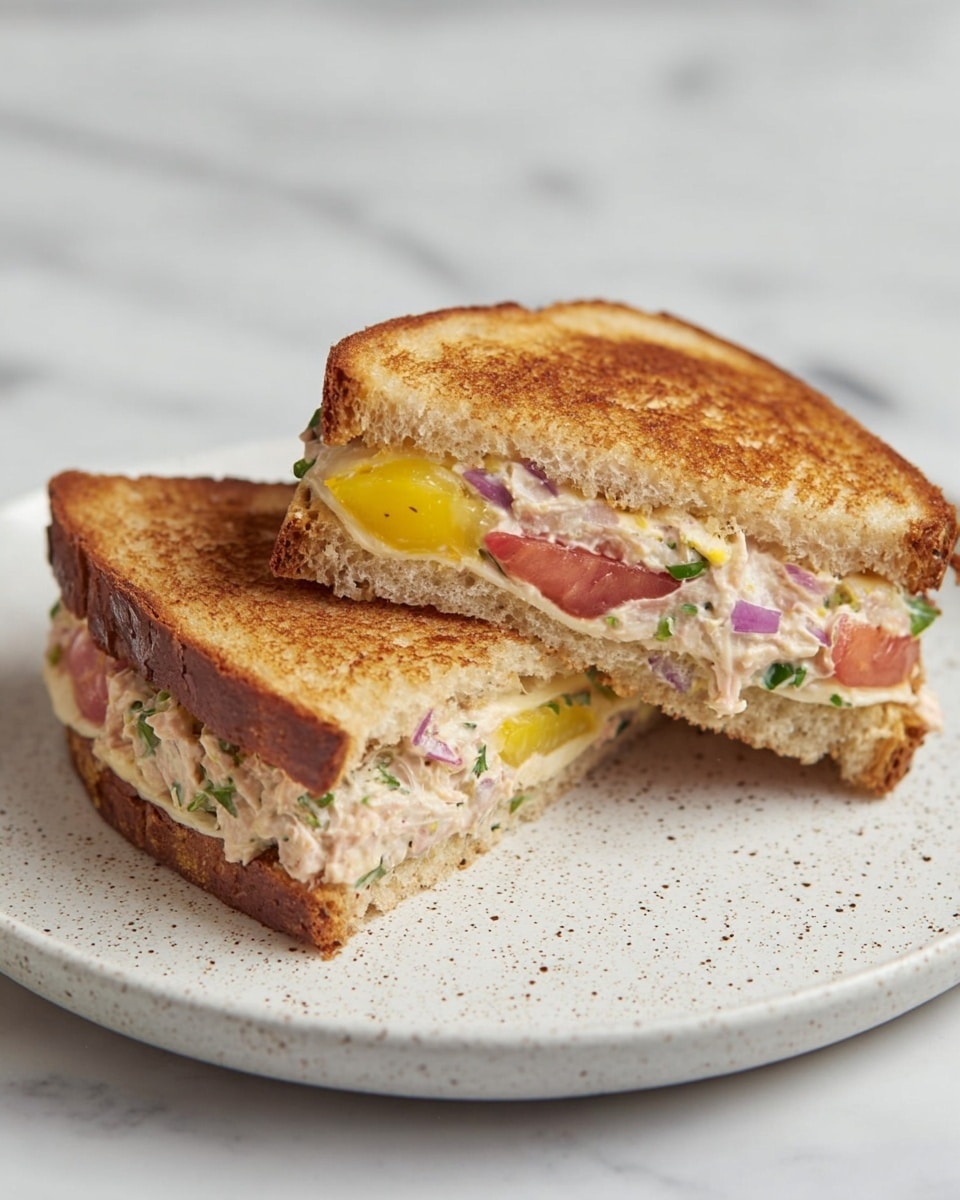 The image shows a sandwich cut diagonally into two halves, placed on a white speckled plate on a white marbled surface. Each sandwich half has two thick slices of toasted bread that are golden brown on the outside. Inside, there is a creamy tuna salad mixed with small green herbs and purple onion pieces, layered with slices of yellow and red tomatoes and melted pale yellow cheese, giving a soft and rich texture to the filling. Photo taken with an iphone --ar 4:5 --v 7