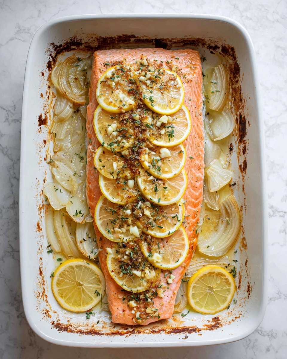 A large pink cooked salmon fillet rests inside a white baking dish on a layer of soft, slightly browned onion slices that peek around the edges. The salmon is topped with small bits of minced garlic and herbs scattered evenly across its surface. Thin lemon slices with yellow rinds are spaced out in two vertical rows on the salmon, some appearing slightly baked with a gentle golden tint. The baking dish shows some browned, cooked marks around the edges, contrasting with the white dish. The background is a white marbled texture. Photo taken with an iphone --ar 4:5 --v 7