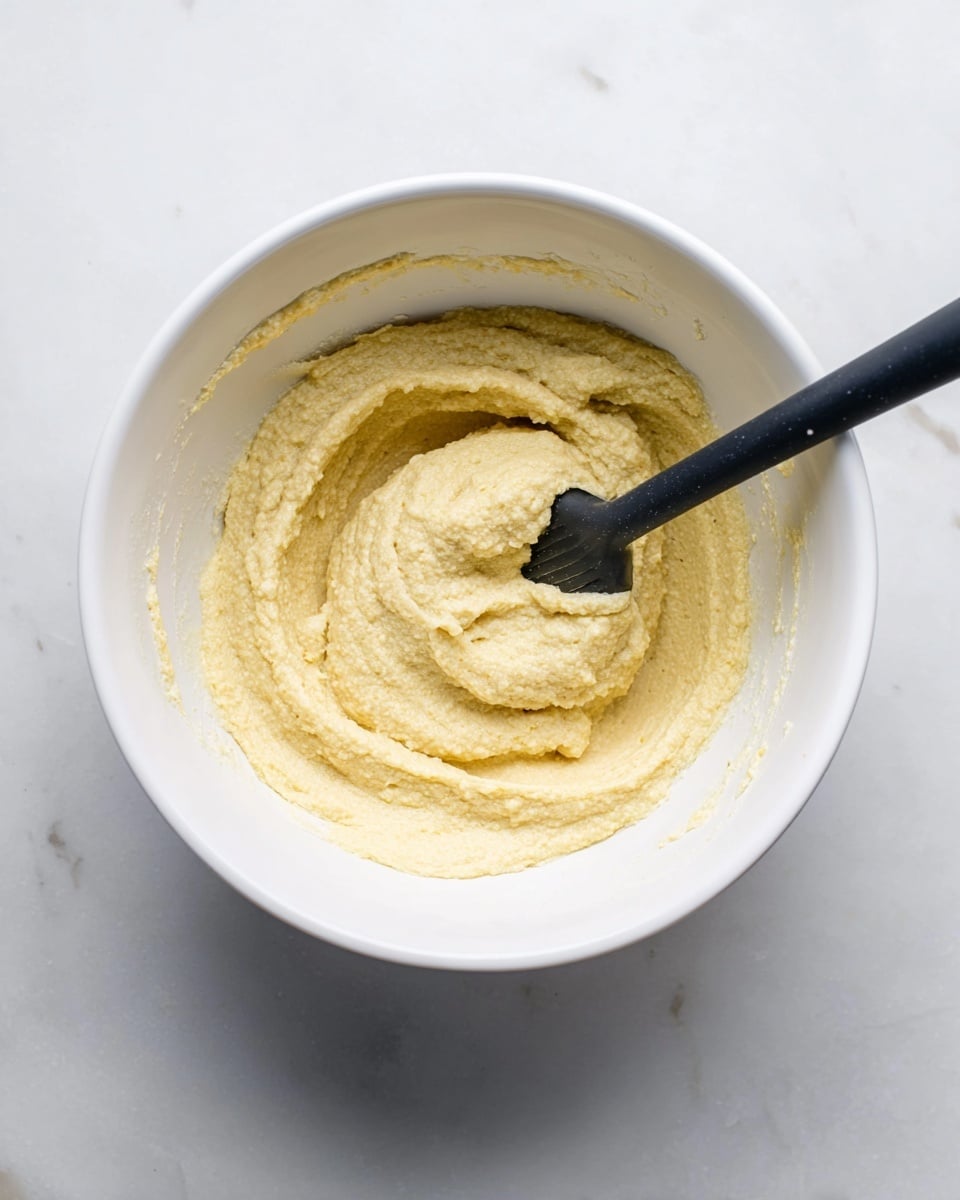 A white bowl sits on a white marbled surface, filled with a thick, pale yellow batter that has a slightly rough texture. The batter forms a swirl in the bowl's center, with some sticking to the sides. A black spatula is placed inside the bowl, partially covered with batter, resting at an angle from the bottom left to the center. The overall scene has a clean and simple look with soft lighting. photo taken with an iphone --ar 4:5 --v 7