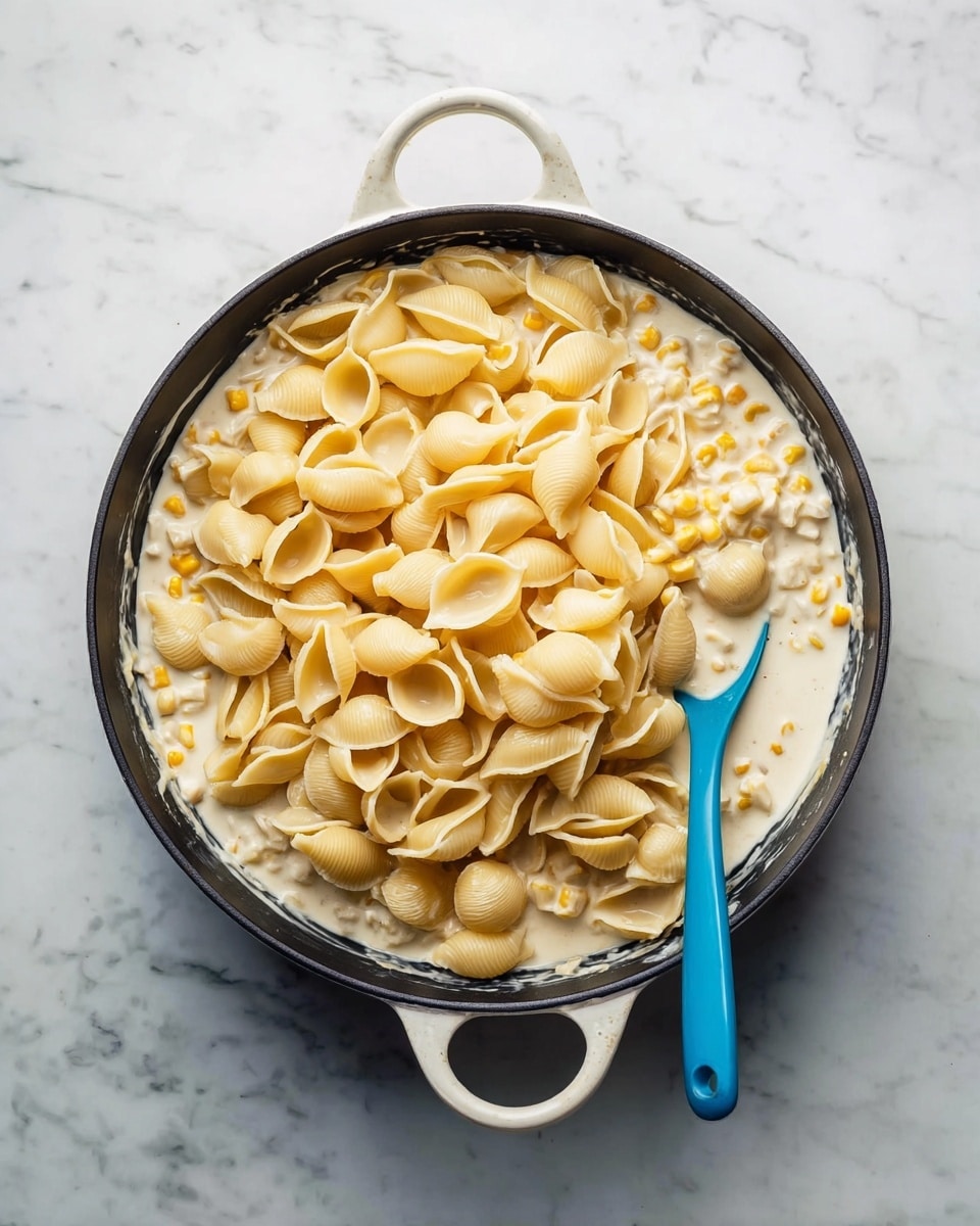 The image shows a black pan with white handles sitting on a white marbled surface. Inside the pan, there is a creamy pale sauce with small yellow corn kernels mixed into it. On top of this creamy layer, there is a large pile of light yellow shell pasta resting mostly in the center and spreading toward the edges. A bright blue spoon rests inside the pan on the right side, partially under some pasta shells. photo taken with an iphone --ar 4:5 --v 7