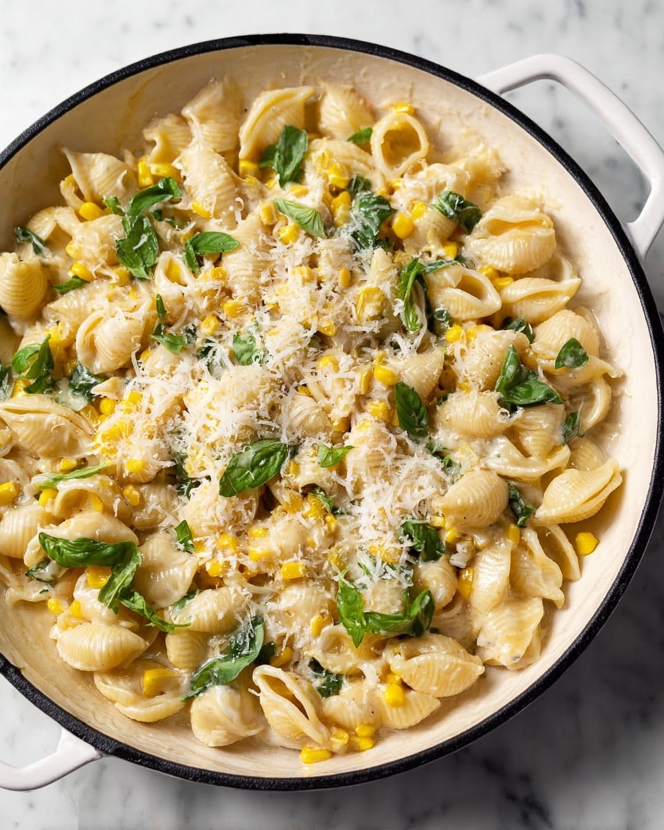 The image shows a white cast iron pan filled with shell pasta coated in a creamy white sauce. Yellow corn kernels are mixed evenly throughout the pasta, adding bright color pops. Fresh green basil leaves are scattered on top, giving a fresh look. A layer of finely grated white cheese is spread over the pasta, slightly melting into the sauce. The background is a white marbled texture, enhancing the clean and fresh visual of the dish. Photo taken with an iphone --ar 4:5 --v 7