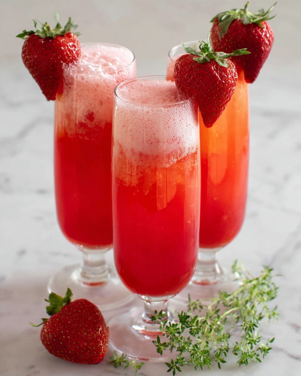 The image shows three tall clear glasses filled with a two-layer drink. The bottom layer is a bright red color, while the top layer is a lighter pinkish red with a frothy texture. Each glass is topped with a large, fresh strawberry on the rim. At the base of the glasses, there are two whole strawberries with green leaves and a small sprig of green herbs placed on a white marbled surface. Photo taken with an iphone --ar 4:5 --v 7