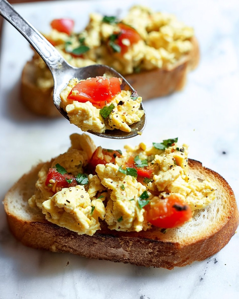 The image shows two slices of toasted bread placed on a white marbled surface. Each slice is topped with soft scrambled eggs mixed with small pieces of green herbs and diced red tomatoes. A silver spoon is held above the front slice, holding a portion of the scrambled eggs and a tomato piece, ready to be placed on the toast. The bread has a golden-brown crust and a soft, slightly porous inside, while the eggs appear fluffy and lightly cooked with small black pepper specks visible. The tomato pieces add a bright red contrast to the light yellow eggs and the beige bread photo taken with an iphone --ar 4:5 --v 7