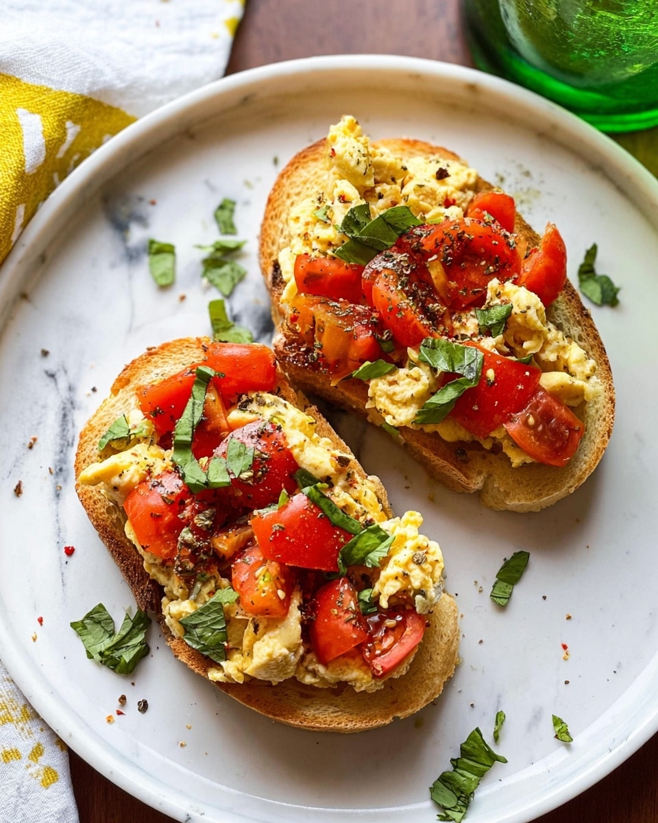 The image shows two pieces of toasted bread placed side by side on a white plate with a white marbled surface underneath. Each toast has three visible layers: the bottom layer is the golden brown toasted bread; the middle layer is a mix of small, soft-looking scrambled eggs with a light yellow color; the top layer consists of vibrant red tomato chunks and scattered green leafy herbs, possibly cilantro or parsley. The toast is sprinkled lightly with black pepper and some extra herbs are placed around the toast on the plate. The background includes a green glass and a white cloth with a yellow pattern on the edges. photo taken with an iphone --ar 4:5 --v 7