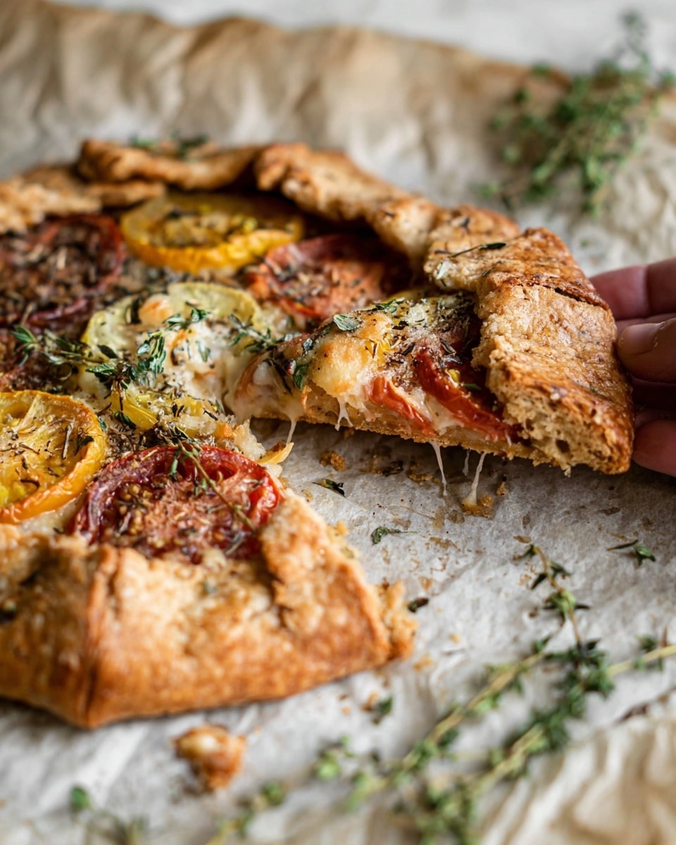 A rustic galette with a thick, golden-brown crust folded over the edges in a rough, uneven layer, holding a filling made of visible layers of roasted yellow and red tomato slices arranged in a single row around the inside edge, with melted white cheese bubbling underneath. The filling is topped with light green fresh thyme sprigs scattered on top. The galette is set on crumpled parchment paper over a white marbled surface, with some thyme sprigs loosely spread nearby. One slice is removed and partially pulled out, showing the gooey cheese and tomato layers inside, while a woman's hand holds this slice gently. The image is soft-focused at the edges, drawing attention to the textures and colors of the galette. photo taken with an iphone --ar 4:5 --v 7