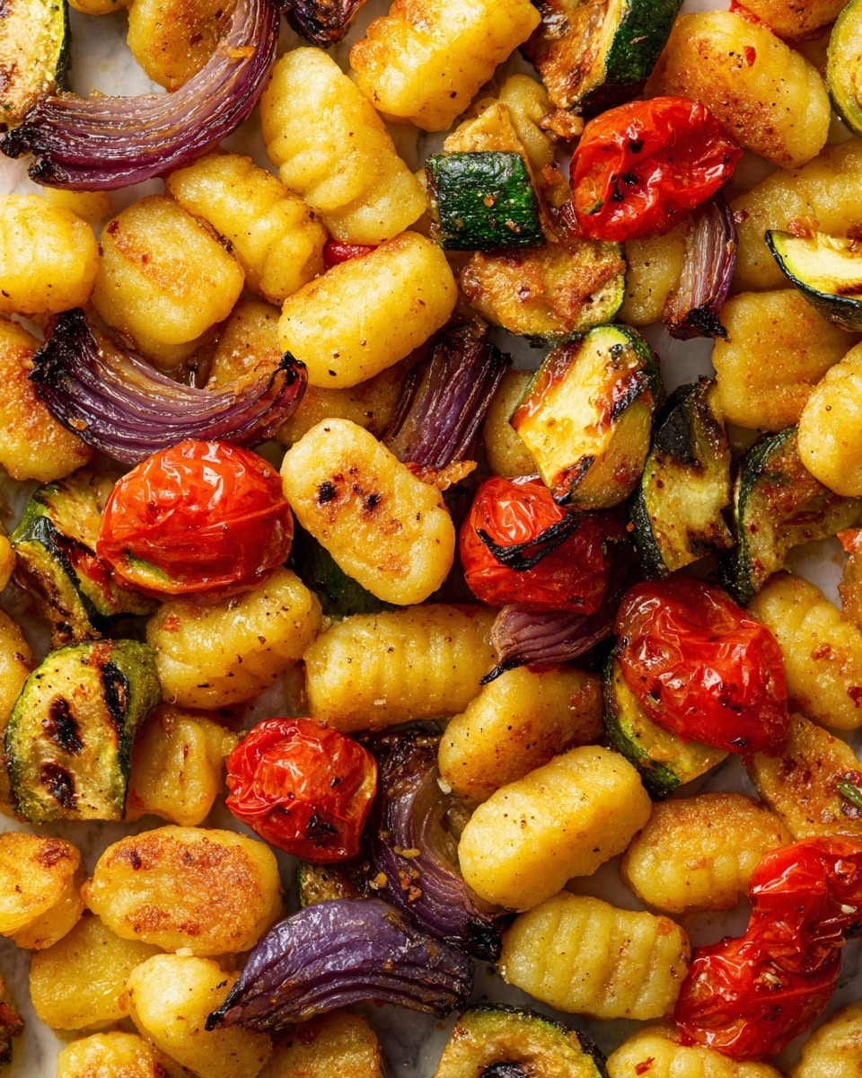The image shows a close-up of golden brown gnocchi with a light crispy texture, mixed with charred red cherry tomatoes, cubes of grilled green zucchini with dark grill marks, and pieces of roasted purple onion showing soft, slightly burnt edges. The colors are warm and rich with yellow, red, green, and purple tones blending together on a white marbled surface. The gnocchi pieces have various shapes, some oval and some round, with a slightly browned crispy side. Photo taken with an iphone --ar 4:5 --v 7