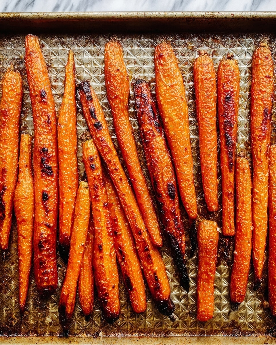 The image shows a baking tray covered with roasted whole carrots spread out in a single layer. The carrots have a rich orange color with darker caramelized brown spots and slightly blackened tips, giving a nicely roasted look. The tray has a quilted texture with baked-on oil and seasoning marks, creating a rustic and well-used appearance. The white marbled surface under the tray subtly shines through the edges. Photo taken with an iphone --ar 4:5 --v 7