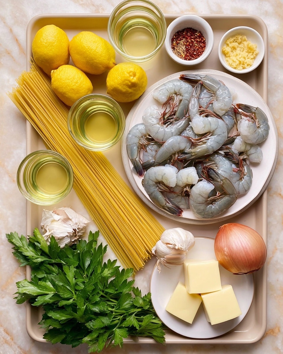 The image shows a white plate full of raw shrimp with a mix of blue-gray and white colors, arranged in a circle on the right side of a tray. On the left side of the tray, there is a bundle of uncooked spaghetti pasta in light yellow, four bright yellow lemons, and bunches of green parsley with broad leaves. Below the plate are two glass cups filled with a clear light yellow liquid. In the bottom right corner of the tray is a small white plate holding three squares of pale yellow butter and two halves of a shallot with a reddish-toned outside and light interior. Around the tray are additional garlic cloves in white and small white bowls; one holds minced yellow ginger and another contains red pepper flakes. All these items sit on a tray placed on a white marbled surface. photo taken with an iphone --ar 4:5 --v 7