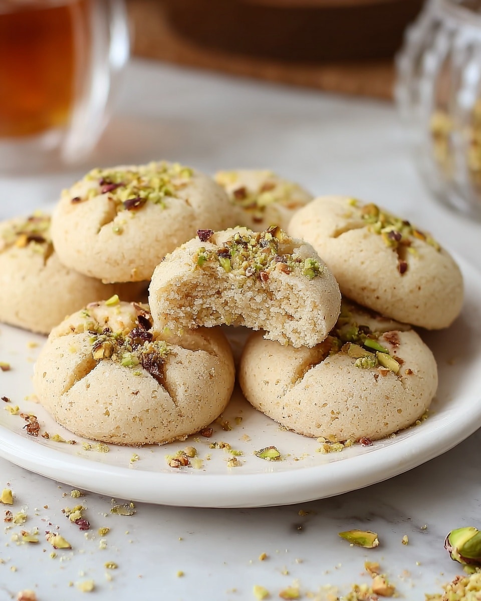 A white plate holds seven light beige round cookies with a slightly crumbly texture. Each cookie has a cross cut on top and is sprinkled with small bits of green and brown crushed nuts. One cookie in the front is broken in half, showing a soft, crumbly inside with a crumb coating on the outer layer. The plate is placed on a white marbled surface. In the background, there are blurred shapes of glasses and some scattered bits of crushed nuts. photo taken with an iphone --ar 4:5 --v 7
