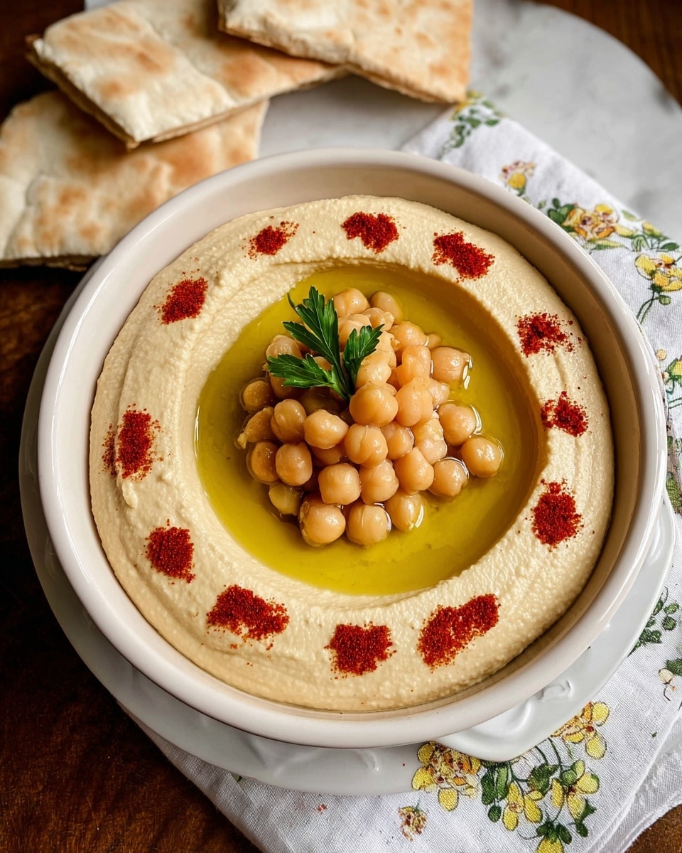 A white round dish with a smooth beige hummus layer spread evenly around the edge, forming a thick ring. Inside the ring is a pool of golden olive oil holding a pile of whole steamed chickpeas in the center. Three small clusters of red paprika powder marks are placed neatly on the hummus ring at equal distances. A small green parsley sprig is placed on the chickpeas for decoration. The dish sits on a white marbled surface with a white floral cloth and flatbread nearby. Photo taken with an iphone --ar 4:5 --v 7
