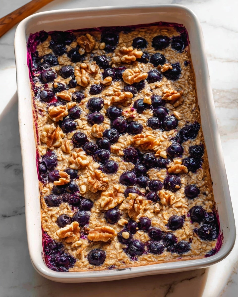 A rectangular white baking dish filled with a baked oatmeal dish, showing one thick layer with a light golden brown color and a slightly textured surface. The oatmeal is mixed with dark purple blueberries scattered throughout, some of which have burst and released juice that stains the edges of the dish with deep purple. Light brown walnut pieces are spread evenly on the top. The dish sits on a white marbled surface with natural light highlighting its warm, inviting tones. photo taken with an iphone --ar 4:5 --v 7
