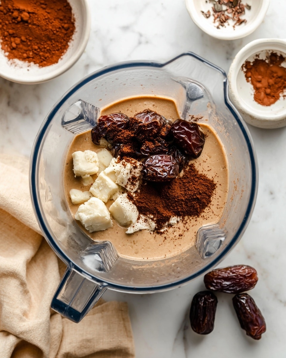 The image shows a blender with several ingredients inside. The bottom layer is a smooth light brown liquid, likely a nut butter or sauce, topped with cream-colored frozen chunks with a rough texture. On top of these, there are glossy dark brown dates with a sticky surface. A dark brown powder, likely cocoa, is sprinkled on one side above the liquid, with some loose powder scattered nearby. The blender is placed on a white marbled surface, with a beige cloth partially visible at the bottom left. Near the top left and right edges, there are small white bowls with more ingredients in them, and at the bottom right, two dark brown dates rest on the surface. Photo taken with an iphone --ar 4:5 --v 7