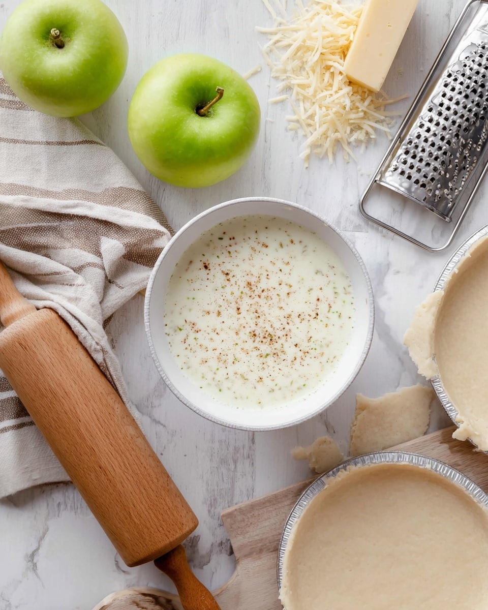 The image shows a flat lay of baking ingredients on a white marbled surface. In the center is a white bowl filled with a creamy white sauce sprinkled lightly with ground spices. To the left of the bowl are two bright green apples next to a wooden rolling pin resting on a beige and white striped cloth. To the right of the bowl is a block of pale yellow cheese with some grated cheese pieces scattered nearby and a metal grater partially visible. Above the bowl are two round, white tart pans with a dough spread evenly inside one of them, and below the bowl is rolled-out dough in a circular shape. The scene is softly lit and looks fresh and clean. photo taken with an iphone --ar 4:5 --v 7