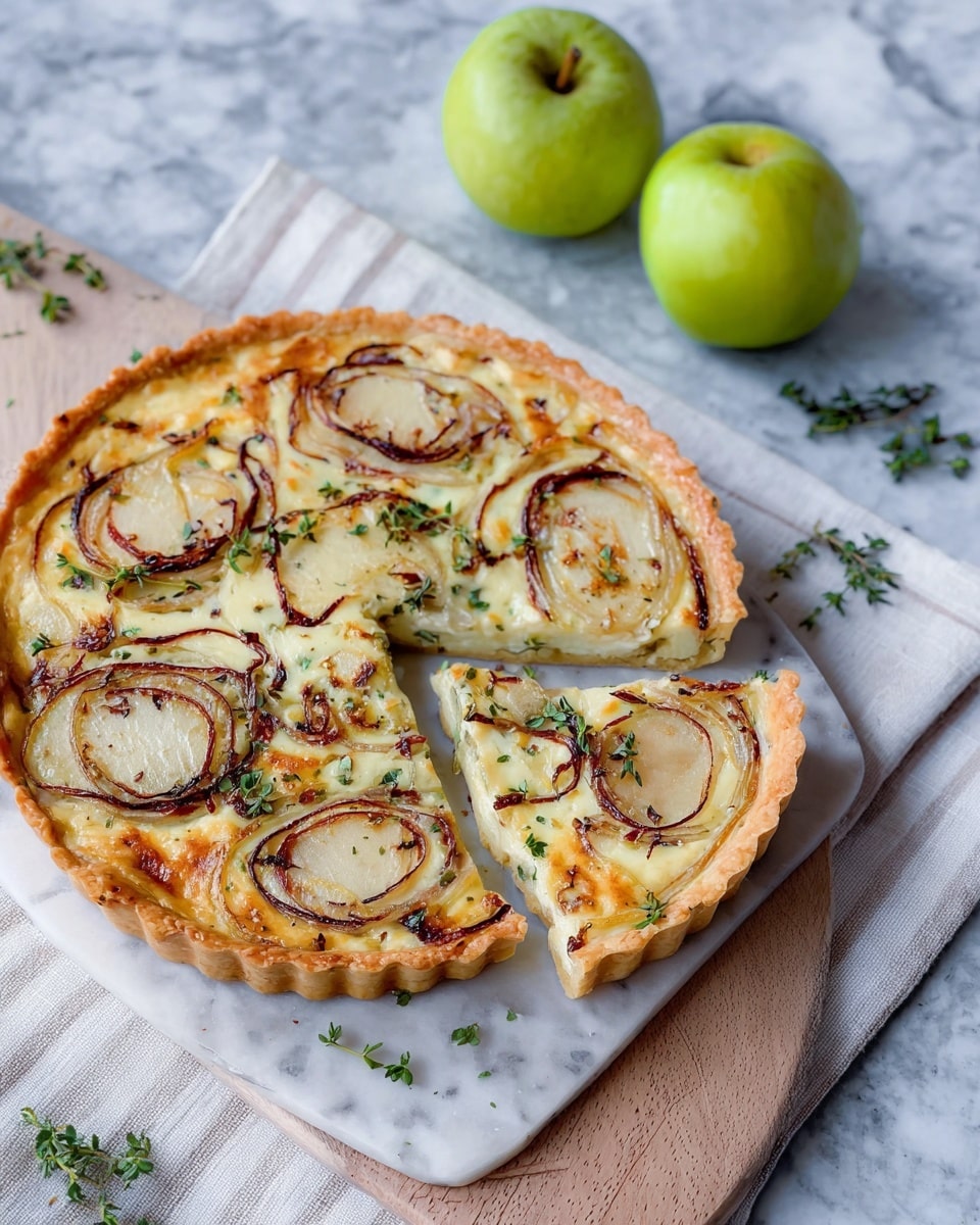 The image shows a round tart with a golden-brown crust, filled with a creamy white base. On top, there are thin, slightly browned rings of caramelized onions scattered evenly across the surface along with small green herb leaves sprinkled throughout. There are also small slices of pale green apple tucked into the filling. The tart is placed on a white marbled and wooden board with light stripes cloth beneath it. In the background, two whole bright green apples sit on the same white marbled surface, adding a fresh touch. Small green herb sprigs are scattered around the tart. Photo taken with an iphone --ar 4:5 --v 7