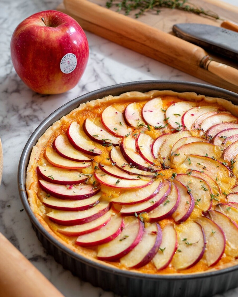 A close-up view of a round tart with a golden-brown crust and an orange filling, topped with thin, evenly layered slices of red and yellow apple arranged in overlapping circular patterns across the entire tart surface. Small green herb sprinkles are scattered on top of the apple slices. The tart sits in a dark baking pan on a white marbled surface. In the background, a whole red apple with a sticker, a wooden cutting board with some sprigs of herbs, a rolling pin, and a knife are visible. Photo taken with an iphone --ar 4:5 --v 7
